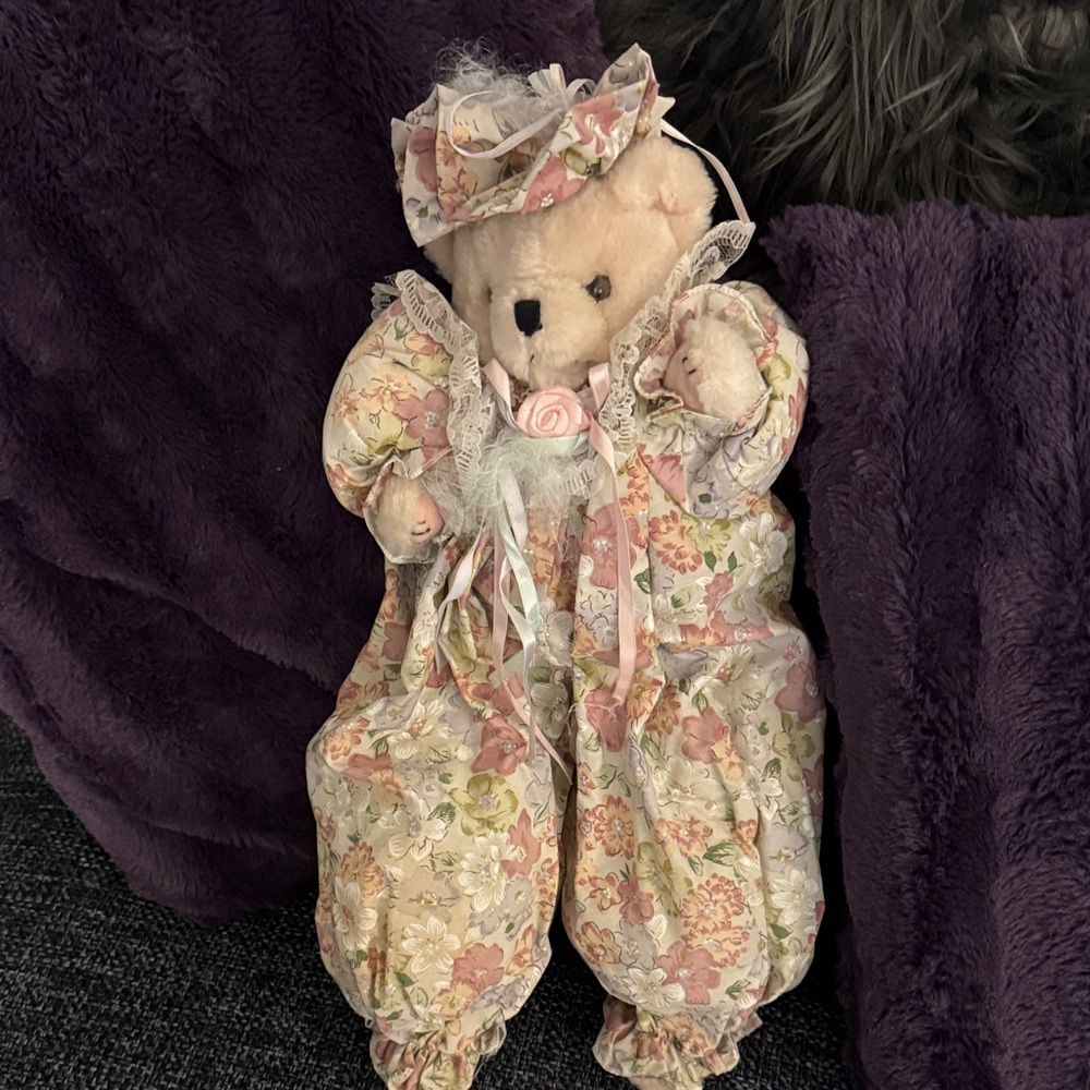 Vintage Shelf sitter Floral Teddy Bear with Hat